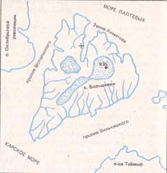 Карта острова Большевик. Крестом отмечено место, где обнаружен крест
